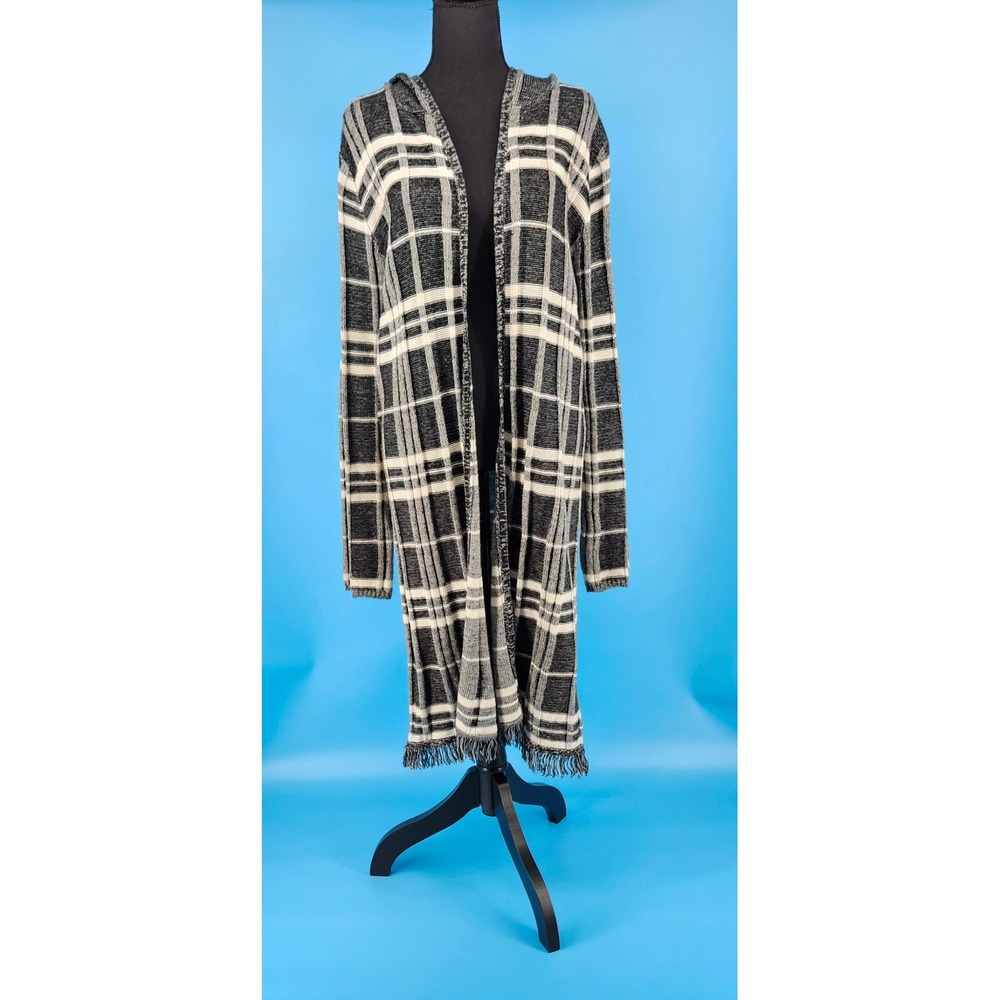 Retro 90s Womens XXL Black White Plaid Hooded Longline Fringe Cardigan Sweater